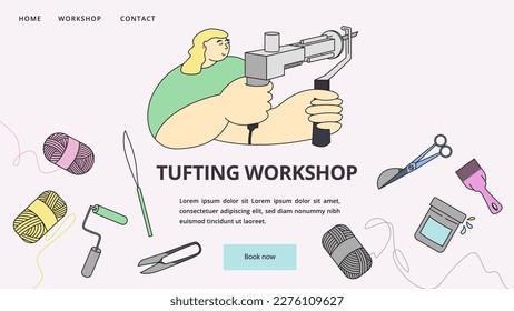 Diseño de la página de inicio del taller de construcción de tuberías. Persona sosteniendo una máquina de tubos. Ilustración vectorial colorida en estilo plano. Cartel, concepto de invitación.