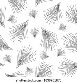 Tufts of pine needles on a white background. Vector seamless pattern. Monochrome illustration.