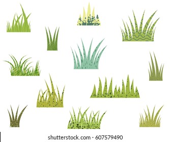 Tufts of vector stylized green grass with texture isolated on white background