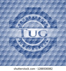 Tug blue badge with geometric pattern background.