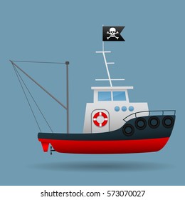 Tug Boat With Pirate Flag Raised. Vector Illustration.