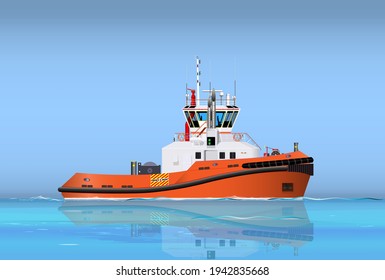 Tug Boat Series Orange Bottom With Shadow And Sea Wave Illustration Isolated With Background Vector Design.