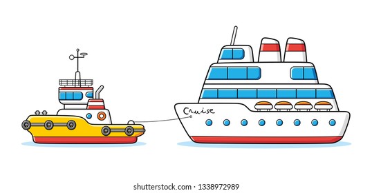 Tug boat towing a cruise ship isolated