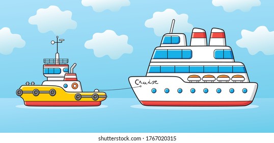 Tug boat towing a cruise ship cartoon vector illustration