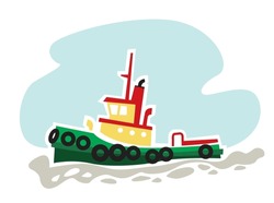 Tug Ship. Support Tug Ship. Small Auxiliary Vessel. Vector Image For Prints, Poster And Illustrations.