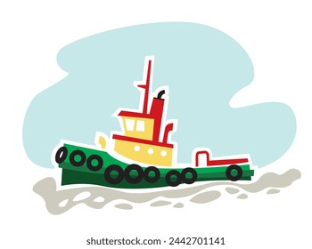 Tug ship. Support Tug ship. Small auxiliary vessel. Vector image for prints, poster and illustrations.