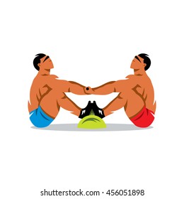 Tug of stick. Yakut Sports. Vector Cartoon Illustration. Two athletes are trying to pull each other beyond borders. Unusual Logo template isolated on a white background