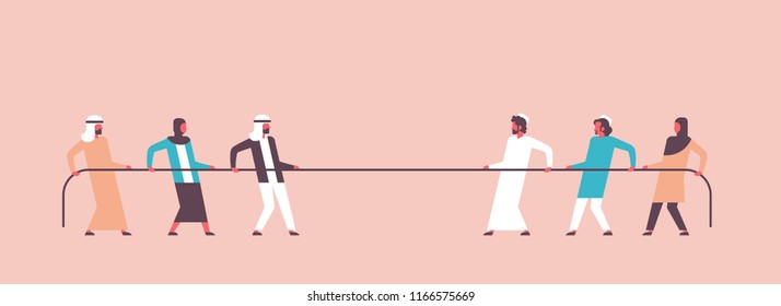 tug of war arabic people team pulling opposite ends of rope against each other cartoon character arab man woman banner flat vector illustration