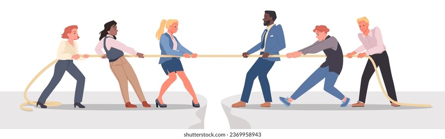 Tug of war between male and female employees, men vs women concept vector illustration. Cartoon workers competitors pull rope in competition, feminism, gender gap and battle for equality in office