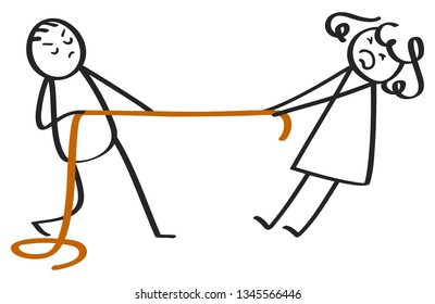 Tug Of War Between Stick Figures, Man And Woman, Isolated On White Background