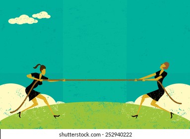 Tug of War Businesswomen competing for market share in a tug-of-war battle.The women and rope are on a separate labeled layer from background.