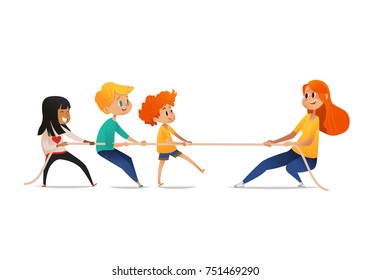 Tug Of War Competition Between Children And Adult. Smiling Multiracial Kids And Redhead Woman Pulling Opposite Ends Of Rope. Cute Cartoon Characters Isolated On White Background. Vector Illustration