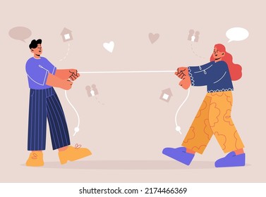 Tug of war competition between man and woman. Married couple pulls rope. Vector flat illustration of rivalry, conflict in family about household and relationships