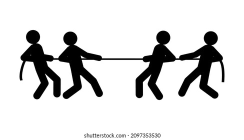 Tug of war. Competition between two teams. Black silhouettes on a white background.