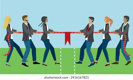 Tug of war competition. Business people in struggle. Dimension 16:9. Vector illustration.