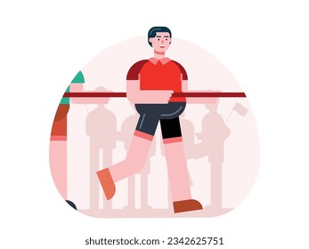 Tug of war competition with group of men, good teamwork pulls by force. A fun traditional game to celebrate Indonesia's birthday. Character design. Vector flat illustration