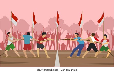 tug of war competition. Independence Day, 17 August. People people have a tug of war competition. Vector Design Illustration for Banner or Poster.