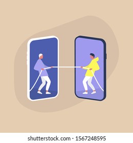 Tug of war competition, online quarrel - two characters pulling a rope in opposite directions