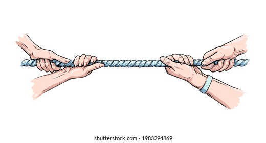 Tug war competition with rope. Hands pulling rope. Colored hand drawn vector illustration isolated in white background