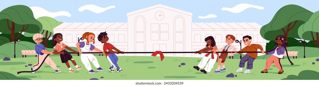 Competencia de tira y afloja. Dos equipos infantiles rivales opuestos tiran de la cuerda. Diversos niños en grupos de concurso, batalla, juegos al aire libre. Niños y niñas se esfuerzan en la lucha deportiva. Ilustración vectorial plana