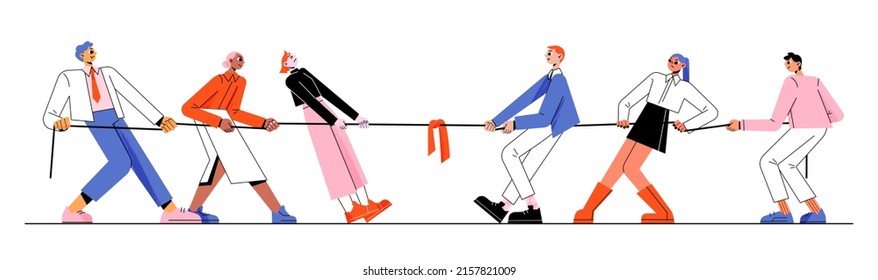 Tug of war competition, two teams pull rope. Active game for business teamwork, solution conflicts. Vector flat illustration of people groups play pulling rope, office contest