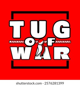 Tug of War Day to celebrate on February 19th. Bold text with an illustration of a tug-of-war rope with a ribbon on a red background. Sport event banner.