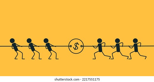 Tug Of War. Fighting For Money. Vector Illustration On A Yellow Background.