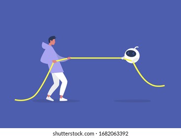 Tug of war, human versus artificial intelligence, technology competition, young male character pulling a rope