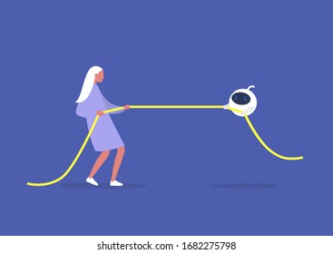 Tug of war, human versus artificial intelligence, technology competition, young female character pulling a rope