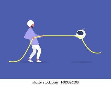 Tug of war, human versus artificial intelligence, technology competition, young indian male character pulling a rope