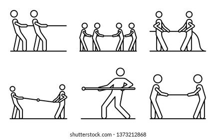 Tug of war icons set. Outline set of tug of war vector icons for web design isolated on white background