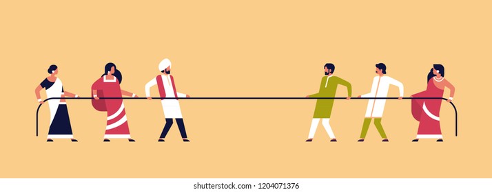 tug of war indian people team pulling opposite ends of rope against each other cartoon character full length indian man woman competition horizontal flat vector illustration