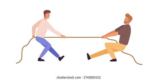 Tug of war man versus guy vector flat illustration. Battle or competition between male to leadership isolated on white background. Rivals person pulling opposite ends of rope