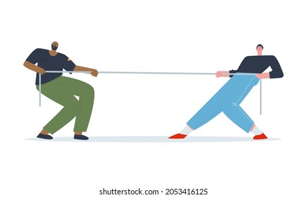 Tug of war man vs. man Multicolored people pulling at opposite ends of the rope. Competition, rivalry, struggle. Flat vector illustration. 