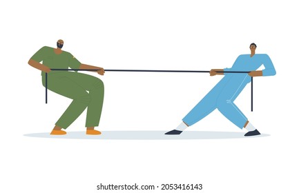 Tug of war man vs. man Multicolored people pulling at opposite ends of the rope. Competition, rivalry, struggle. Flat vector illustration. 