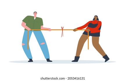 Tug of war man vs. woman Multicolored people pulling opposite ends of the rope. Competition, rivalry, struggle. Flat vector illustration.