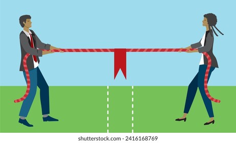 Tug of war. Man and woman in competition with rope. Dimension 16:9. Vector illustration.