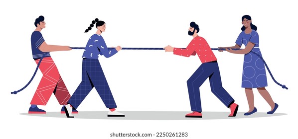 Tug of war. Man and woman pulling rope. Competition and sport, active lifestyle. Poster or banner for website. Entertainment, game and play. Interaction and team. Cartoon flat vector illustration