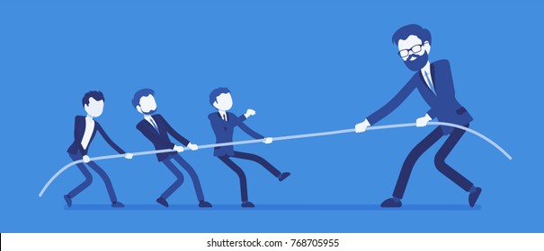 Tug of war, men vs giant. Individuals and company struggle to get power and control on market, monopolist discriminating competitive firm. Vector business concept illustration with faceless characters