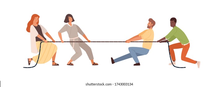 Tug of war men vs women vector flat illustration. Colorful diverse people pulling opposite ends of rope isolated on white background. Business competition, gender equality and equal rights