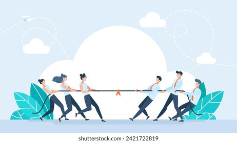 Tug of war men vs women. Businesswomen in tug of war with a group of businessmen. Men vs women superiority concept. Business competition, gender equality and equal rights. Vector flat illustration.