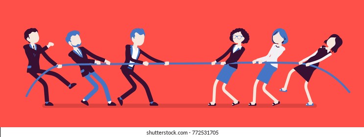 Tug of war, men vs women. Male and female teams in contest pulling against each other, opposite genders in test of strength, superiority. Vector business concept illustration with faceless characters
