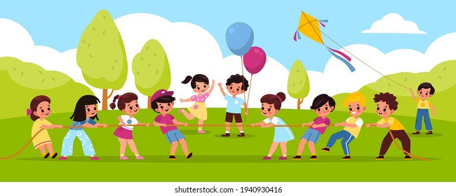 Tug of war outdoor. Outdoor team games, kids pull the rope in park, boy launches kite on green grass, students play compete, equal and counteracting forces. Vector cartoon concept