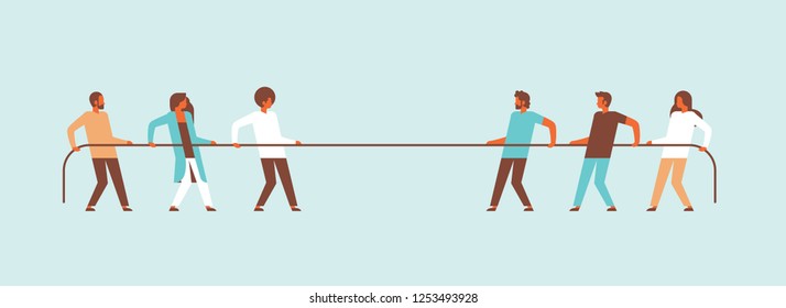 tug of war people team pulling opposite ends of rope against each other cartoon character man woman banner flat
