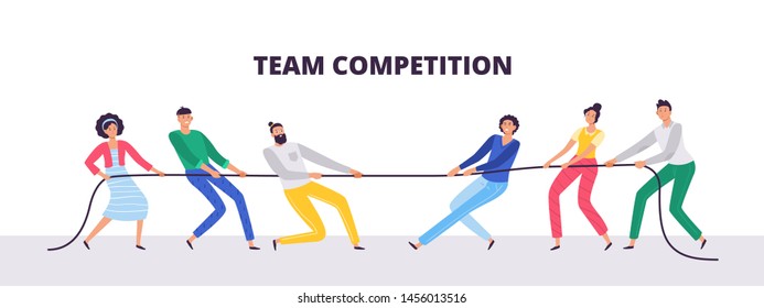 Tug Of War. People Teams Pull The Rope, Office Workers Compete And Rope Pulling Competition. Power Tugging Struggle, Family Conflict Battle Or Active Tug Game Flat Vector Illustration