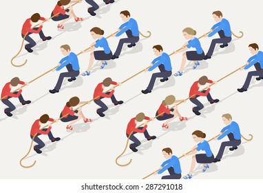 Tug of war. The red team against the blue team of office workers. Conceptual illustration suitable for advertising and promotion