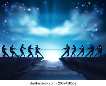 A tug of war rope pulling silhouette business people concept with teams struggling against each other on a cliff top