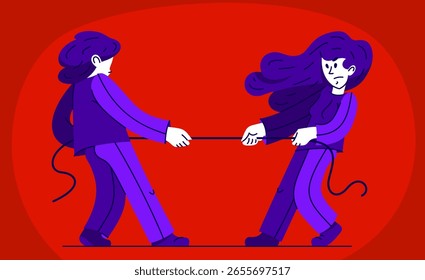 Tirón de la lucha de guerra entre el hombre y la mujer joven, Ilustración vectorial de un joven en la concurrencia dura tirando de una cuerda. 