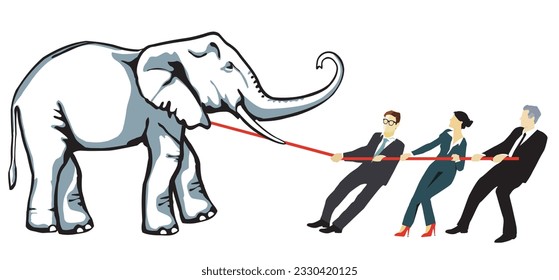 tug of war Teams pulling an elephant at opposite ends of a rope, illustration