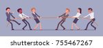 Tug of war. Teams pulling on opposite ends of a rope against each other, struggle for corporate supremacy or market control. Vector flat style cartoon business concept illustration